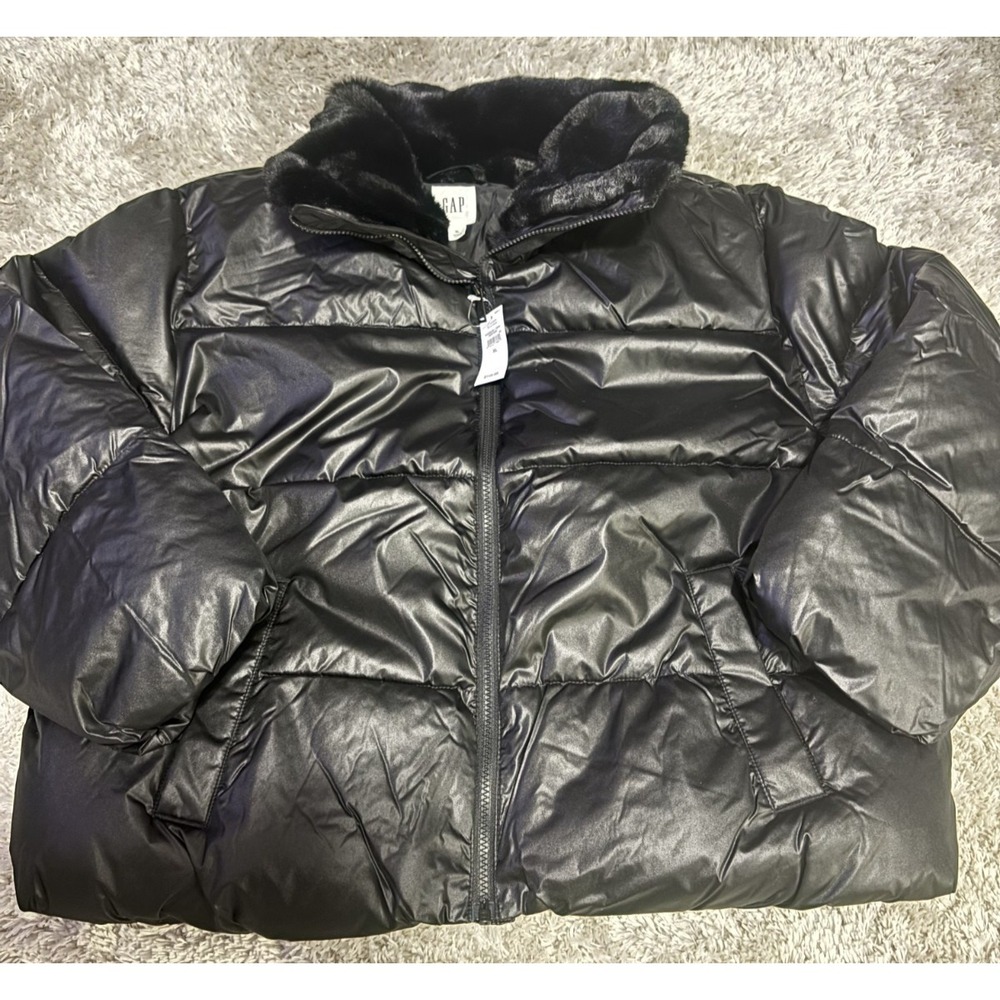GAP Women's XL‎ Black Puffer Jacket Short Coat Water Resistant Faux Fur Collar